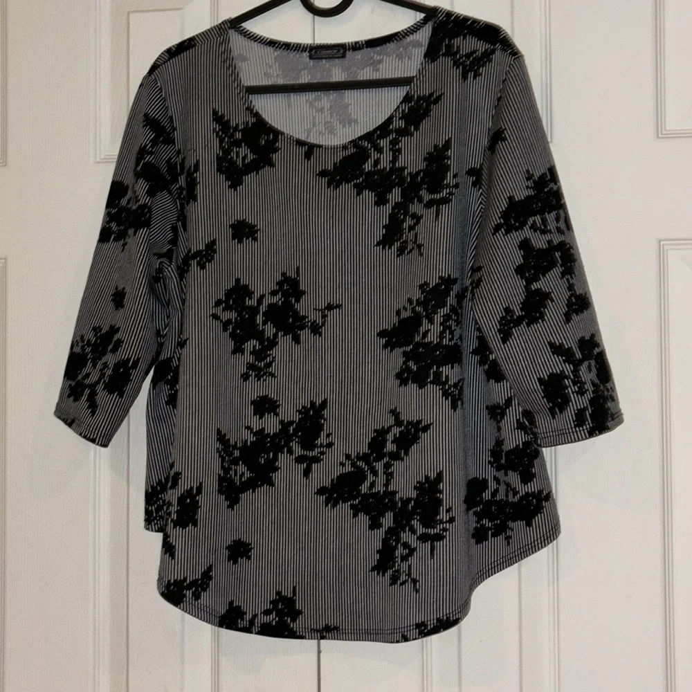 Vintage style black grey floral pattern 3/4 sleeves Blouse Sz L - Picture 5 of 13